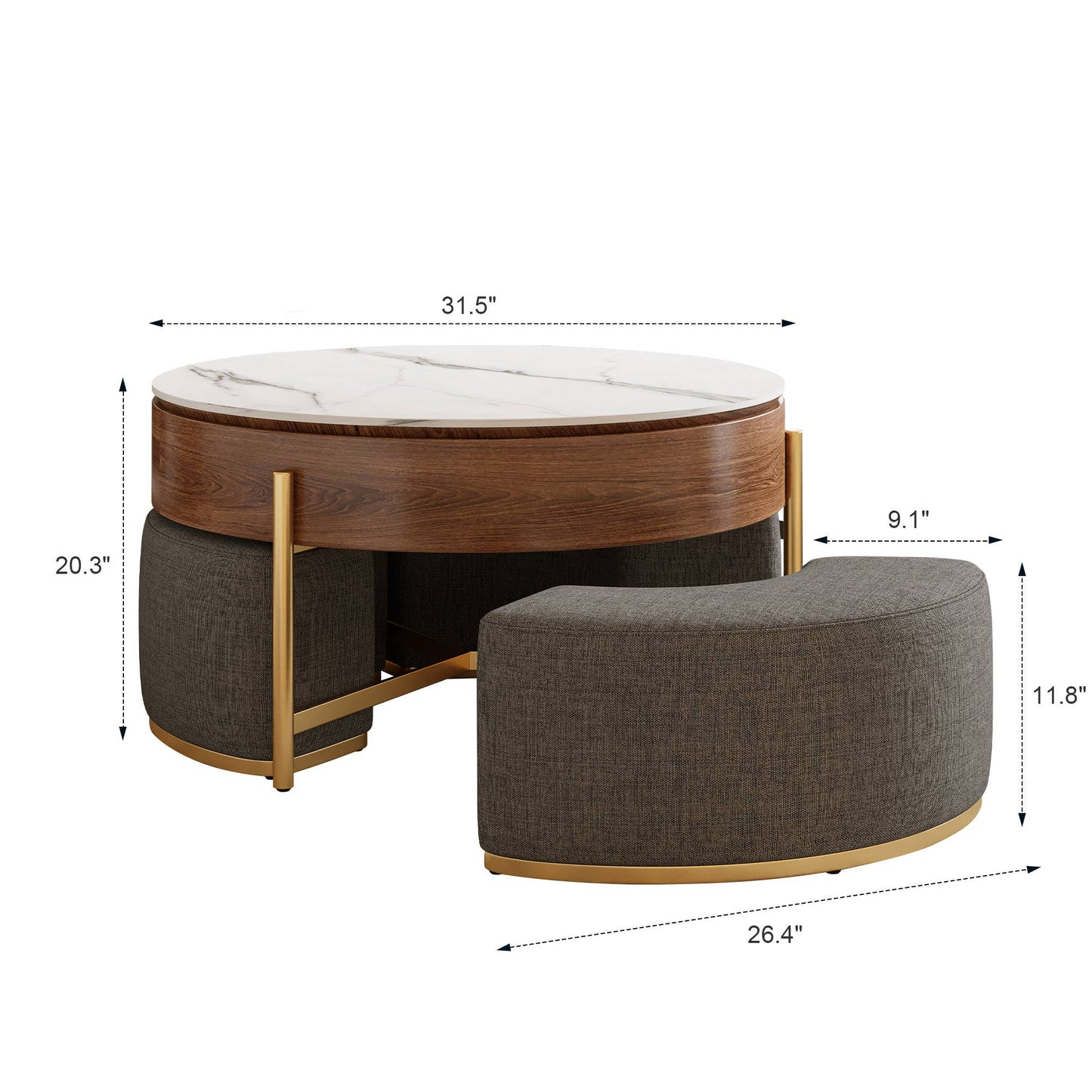 Lift Top Coffee Table with 3 Nesting Walnut Ottomans