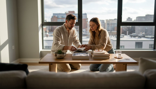 Modern living room coffee table being styled