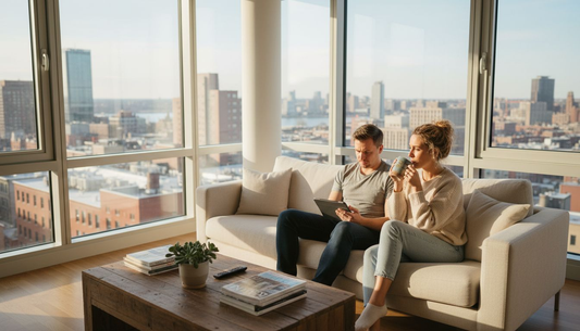 Couple relaxing in contemporary city living room