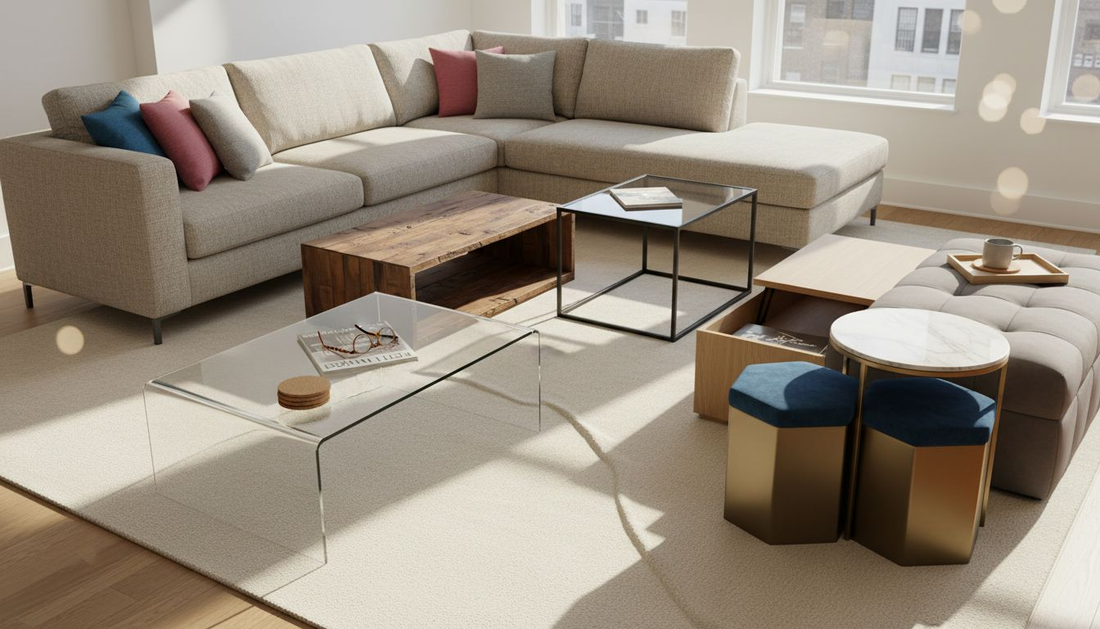 Modern living room with seven different coffee tables