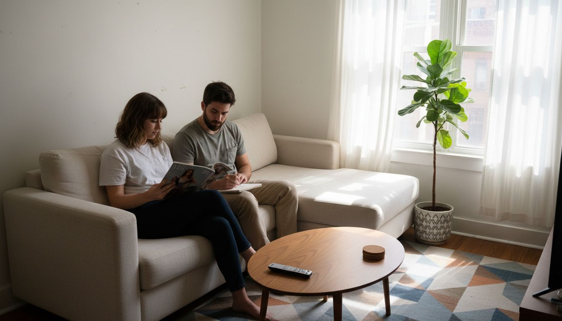 Couple relaxing in modern small apartment living room