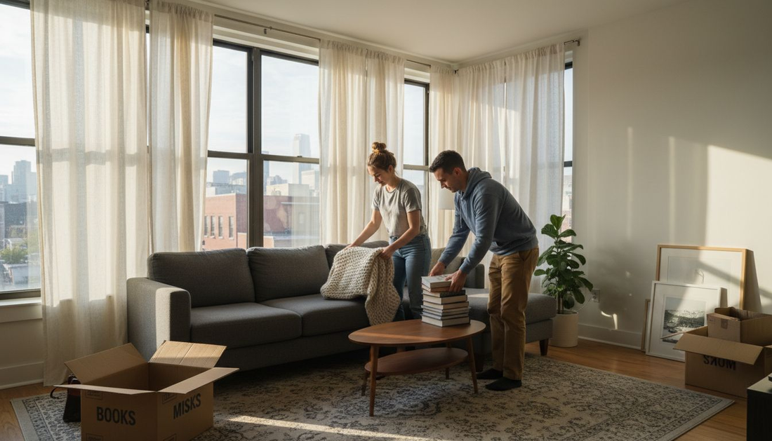 Couple arranges modern sofa in city apartment