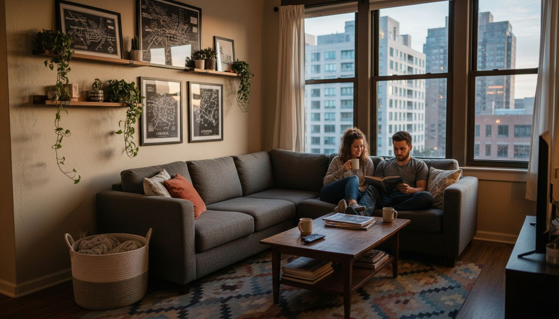 Urban couple relaxing with home accessories