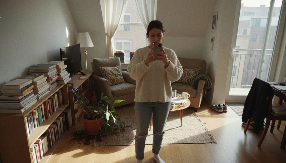 Woman assessing urban living room decor