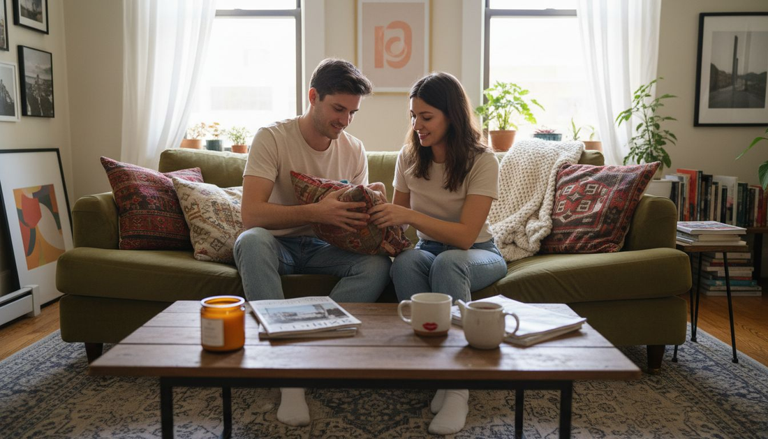 Couple arranging cozy living room accessories