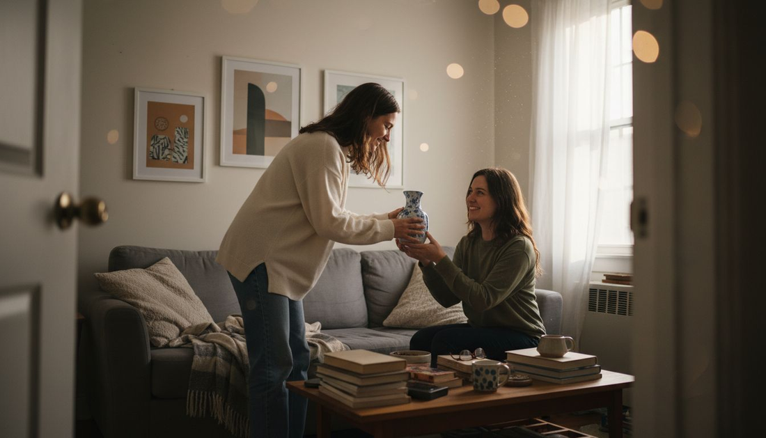 Two friends exchanging home decor gift