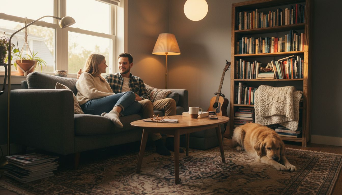 Couple in warmly lit cozy living room