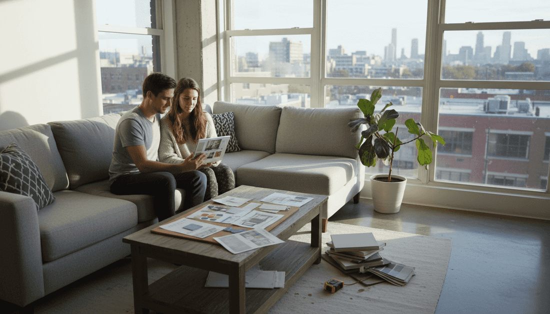 Couple planning stylish living room redesign