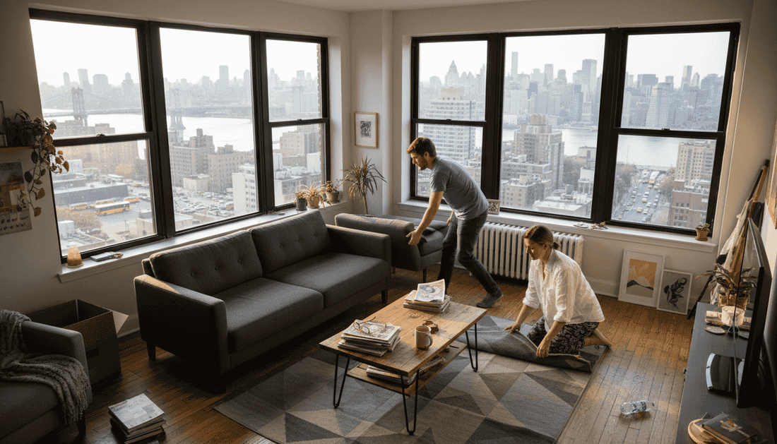 Couple arranging living room in city apartment