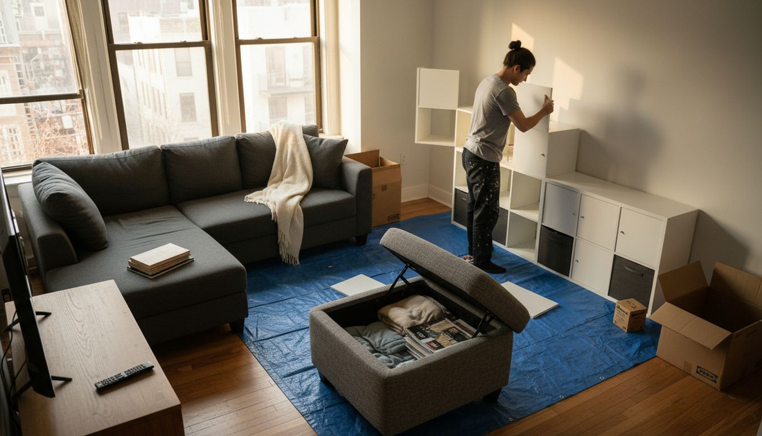 Couple arranging modular living room storage furniture