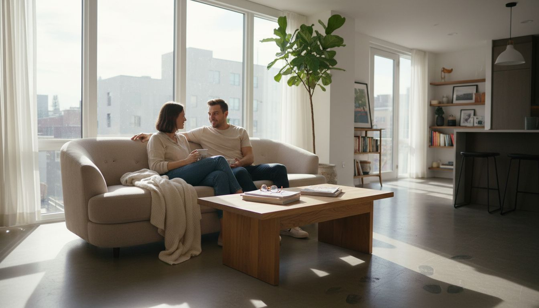 Modern living room with curved sofa and sunlight