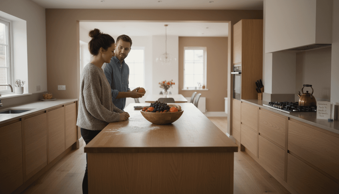 Couple in warm minimalist kitchen scene