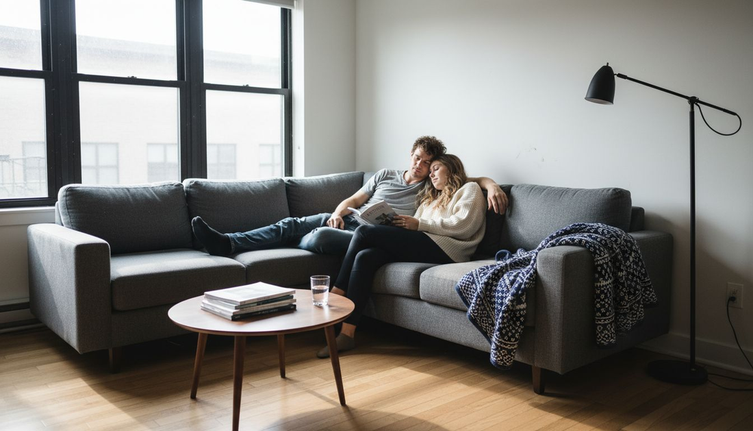 Couple enjoying modern furniture in urban home