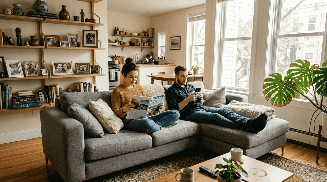 Couple enjoying relaxed modern personalized living room