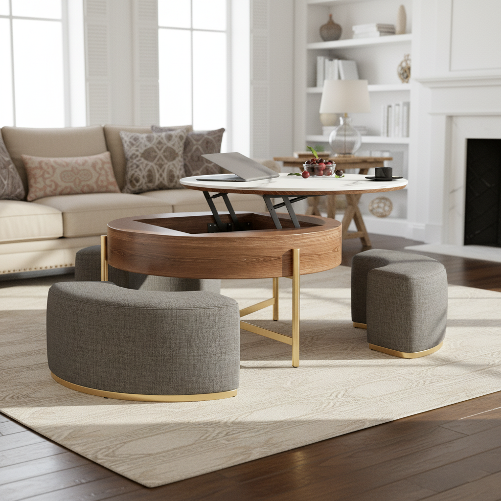 Lift Top Coffee Table with 3 Nesting Walnut Ottomans