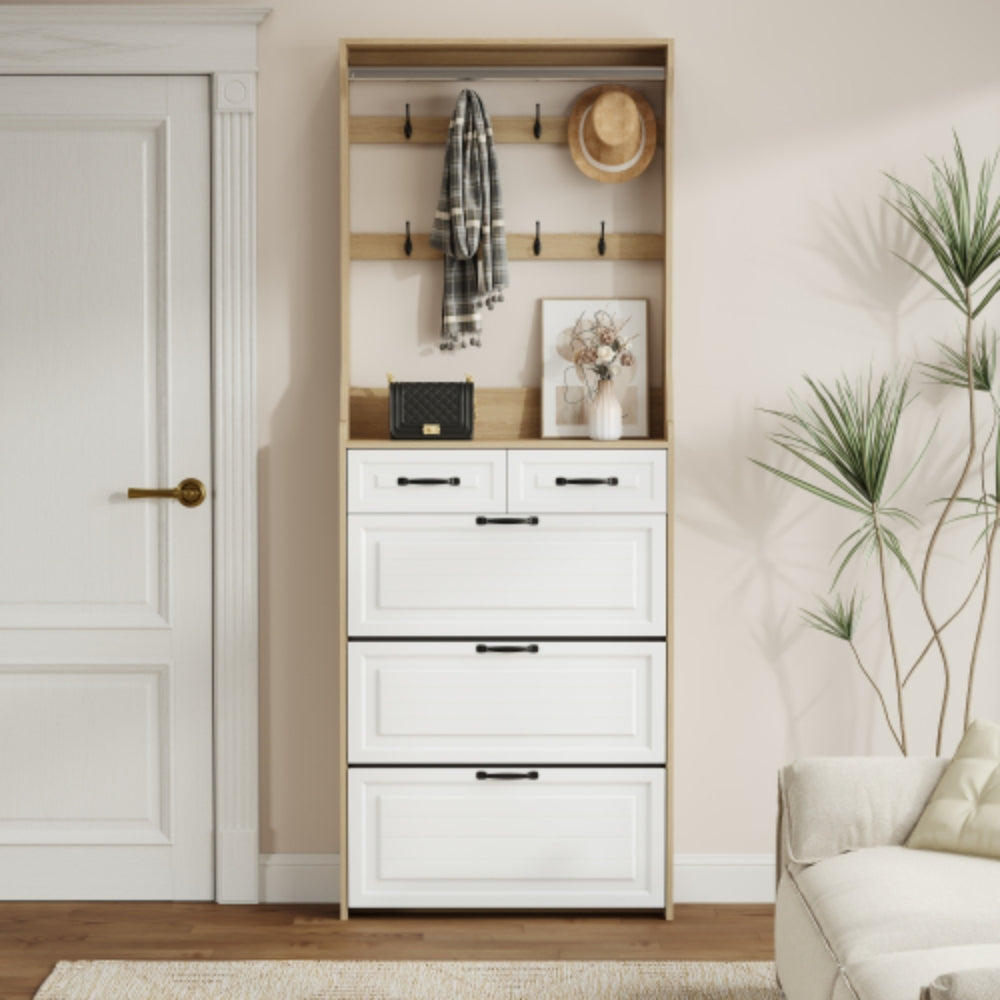 White Brown Shoe Cabinet with 3 Doors 2 Drawers and Hanger