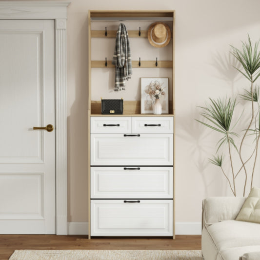 White Brown Shoe Cabinet with 3 Doors 2 Drawers and Hanger