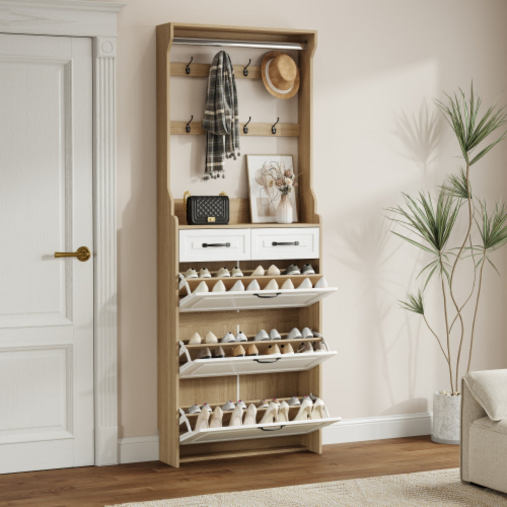 White Brown Shoe Cabinet with 3 Doors 2 Drawers and Hanger