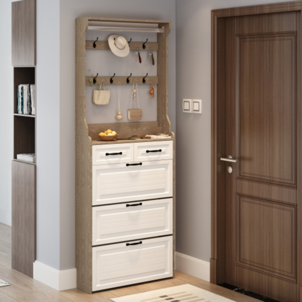 White Brown Shoe Cabinet with 3 Doors 2 Drawers and Hanger