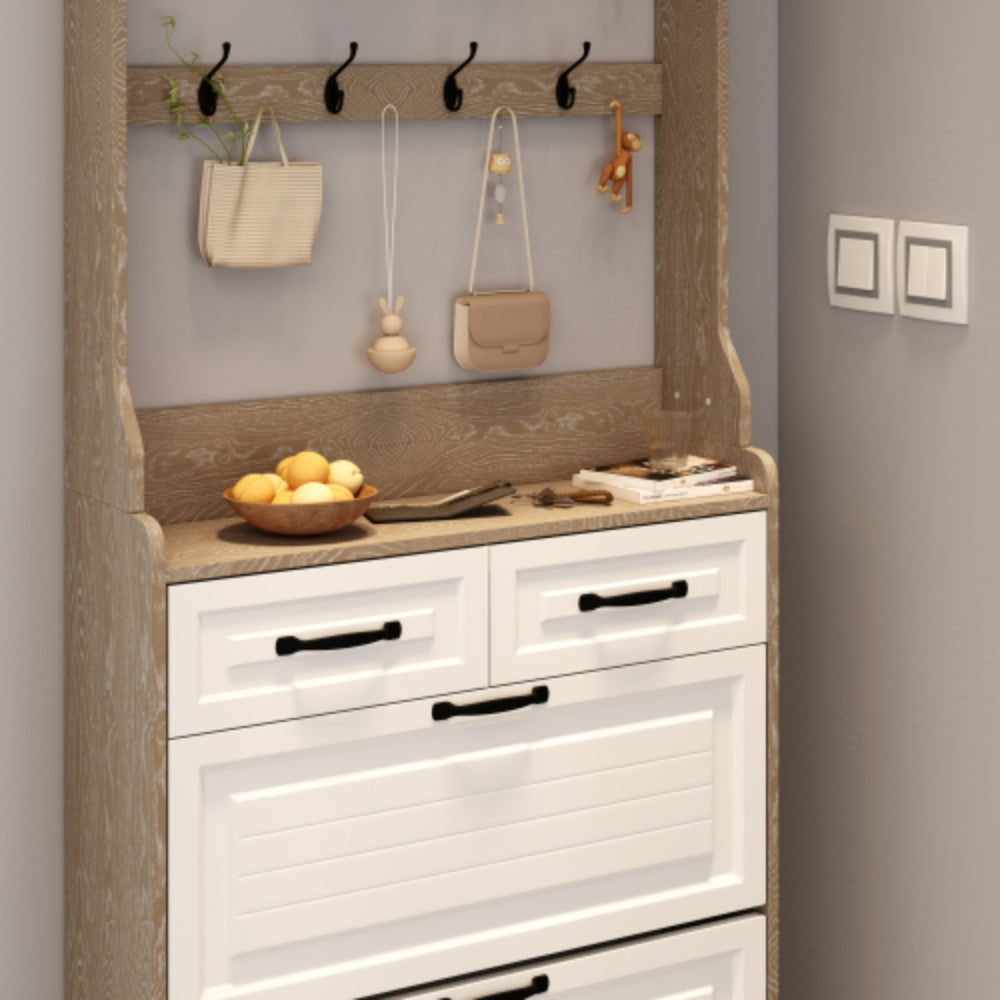 White Brown Shoe Cabinet with 3 Doors 2 Drawers and Hanger
