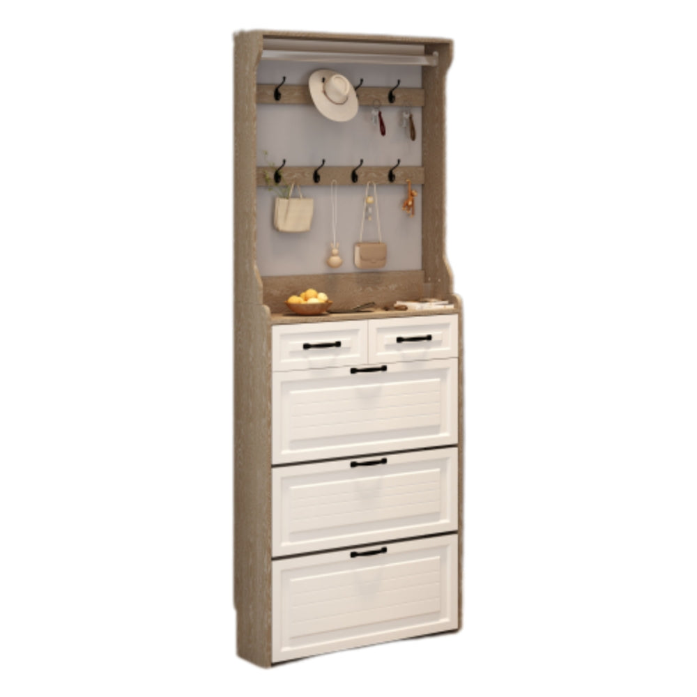 White Brown Shoe Cabinet with 3 Doors 2 Drawers and Hanger
