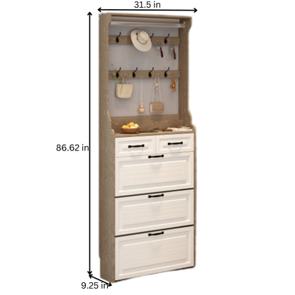 White Brown Shoe Cabinet with 3 Doors 2 Drawers and Hanger