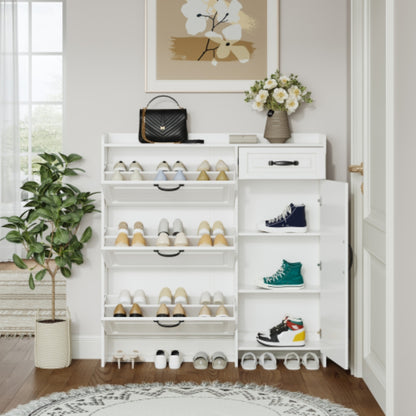 Spacious White Shoe Cabinet with 4 Doors and 1 Drawer