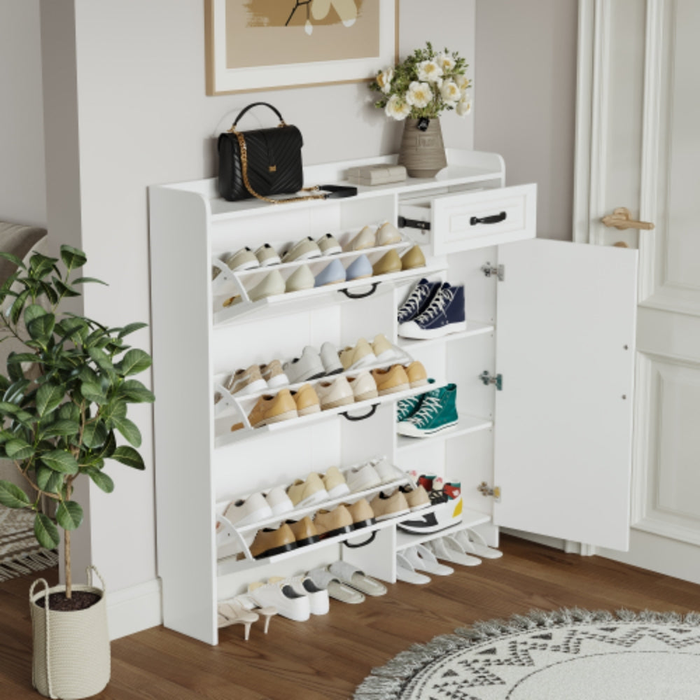 Spacious White Shoe Cabinet with 4 Doors and 1 Drawer