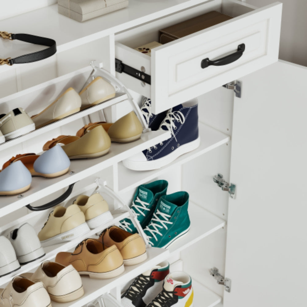 Spacious White Shoe Cabinet with 4 Doors and 1 Drawer