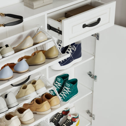 Spacious White Shoe Cabinet with 4 Doors and 1 Drawer