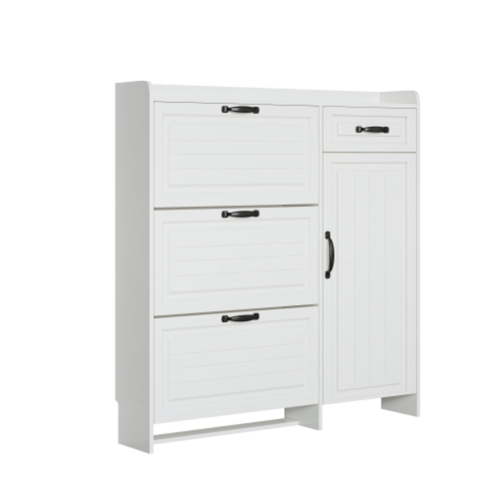 Spacious White Shoe Cabinet with 4 Doors and 1 Drawer