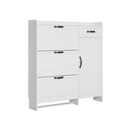 Spacious White Shoe Cabinet with 4 Doors and 1 Drawer