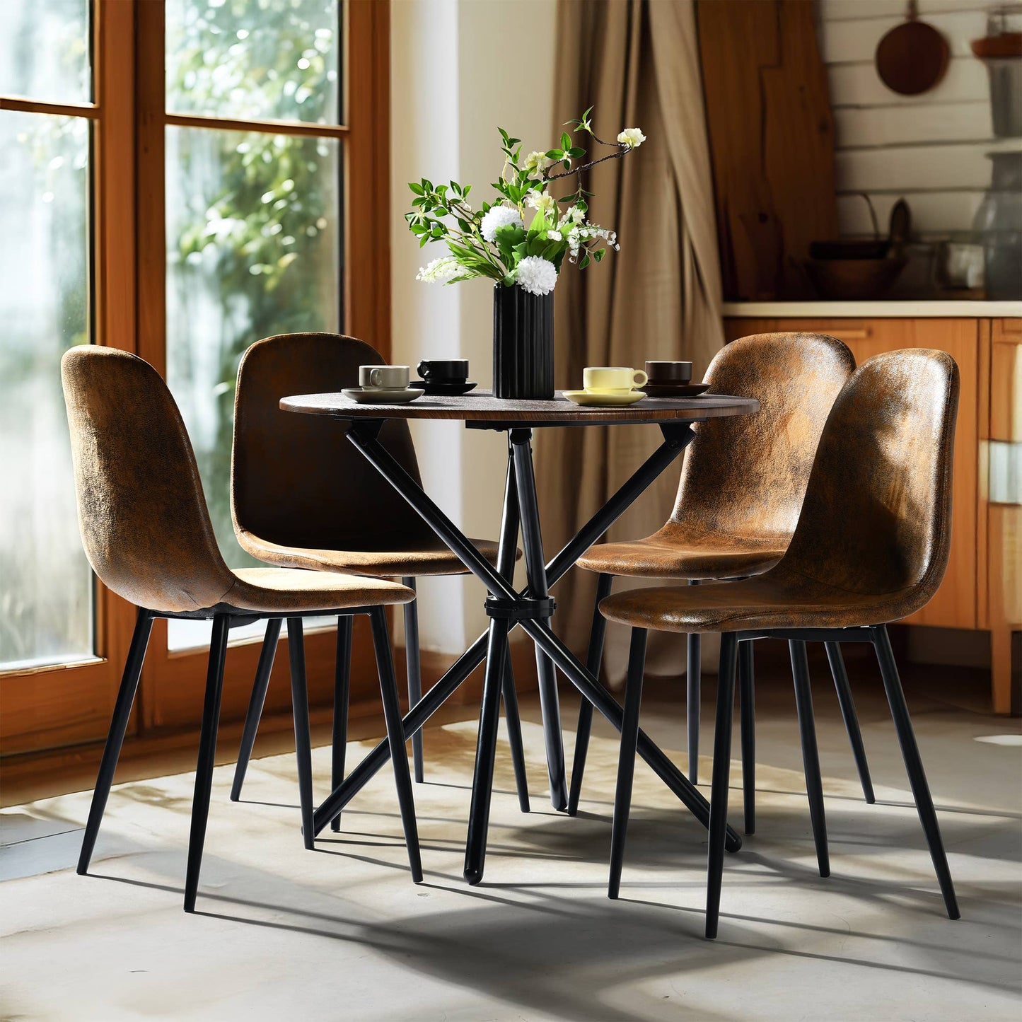 Distressed Brown Faux Suede Dining Chair Black Metal Legs