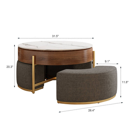 Lift Top Coffee Table with 3 Nesting Walnut Ottomans