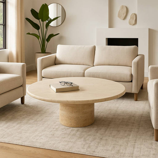 Stone Wood Modern Casual Round Coffee Table - Ivory, 16 in.