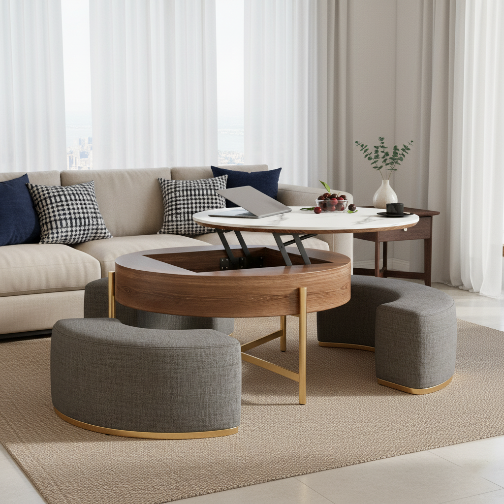 Lift Top Coffee Table with 3 Nesting Walnut Ottomans