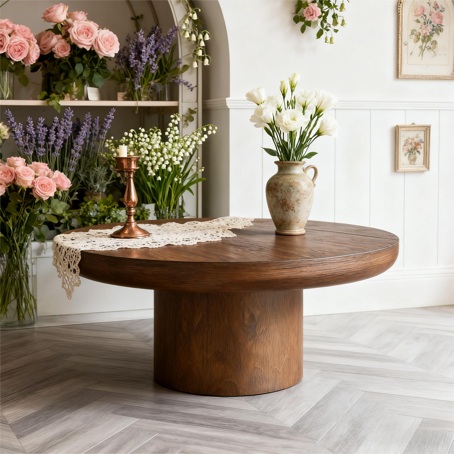36" Dark Brown Round Coffee Table For Living Room Office