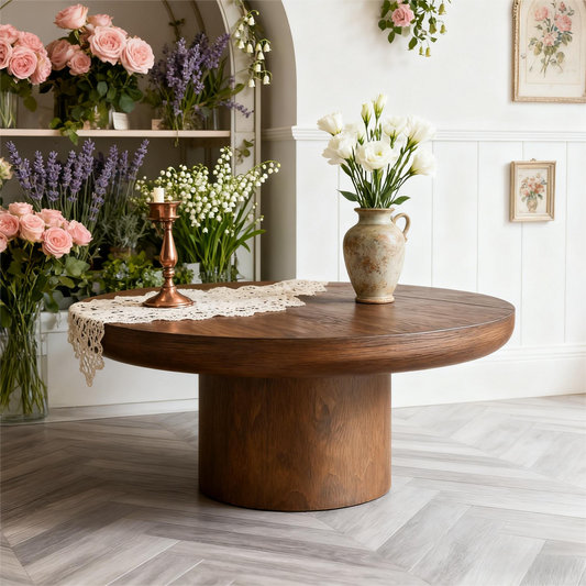 36" Dark Brown Round Coffee Table For Living Room Office