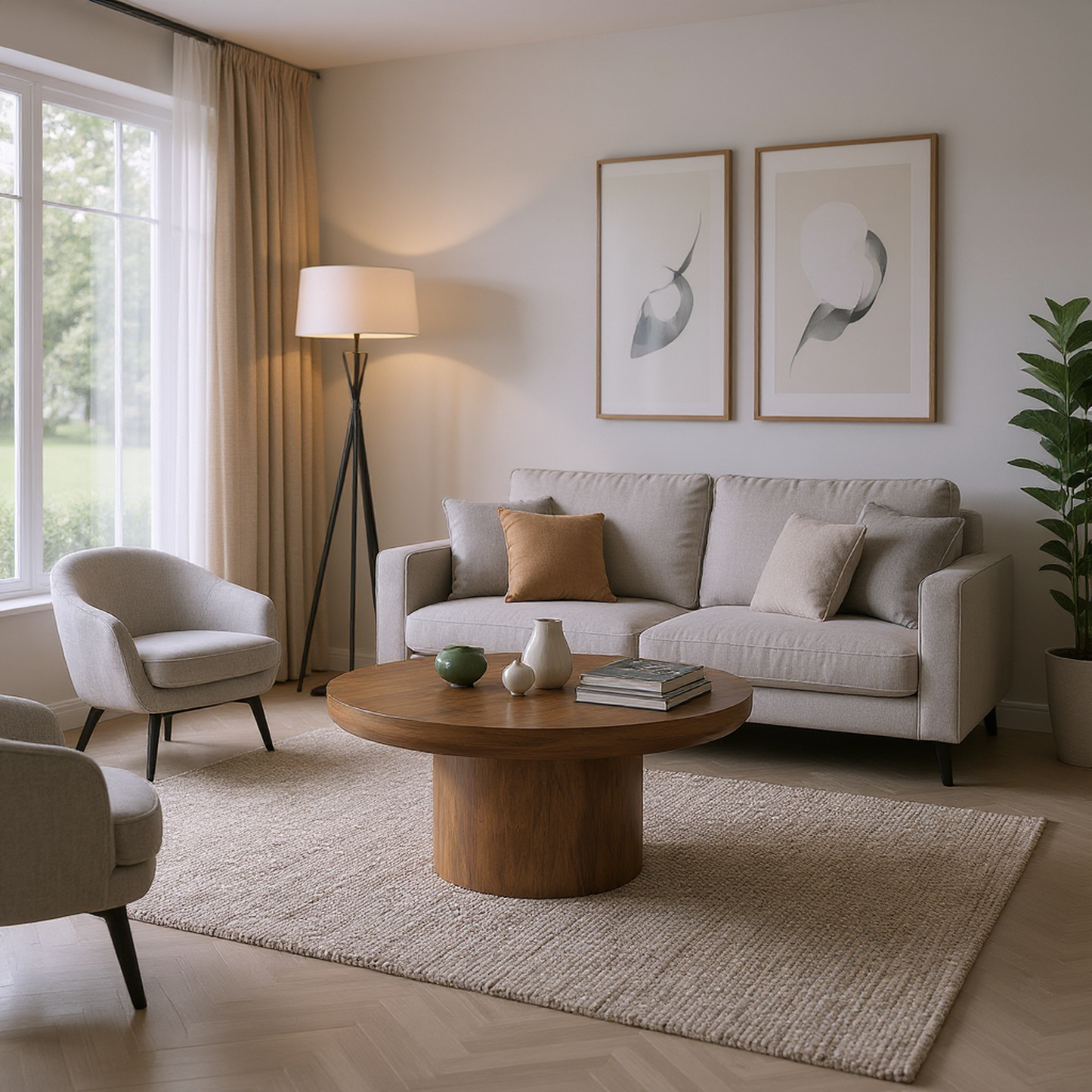 Brutoni 36" Round Soild Wood Coffee Table with Sculpted Pedestal Base