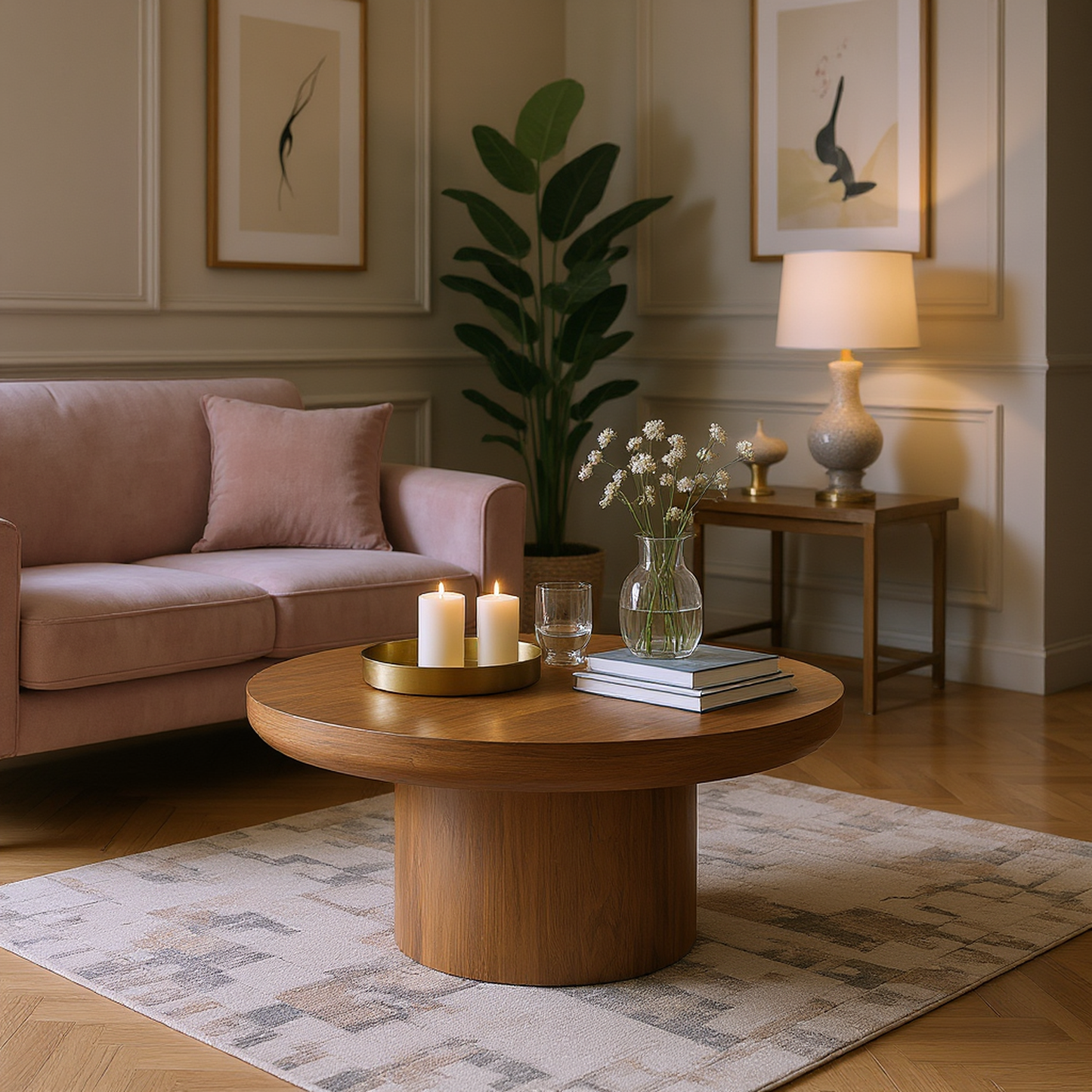 Brutoni 36" Round Soild Wood Coffee Table with Sculpted Pedestal Base