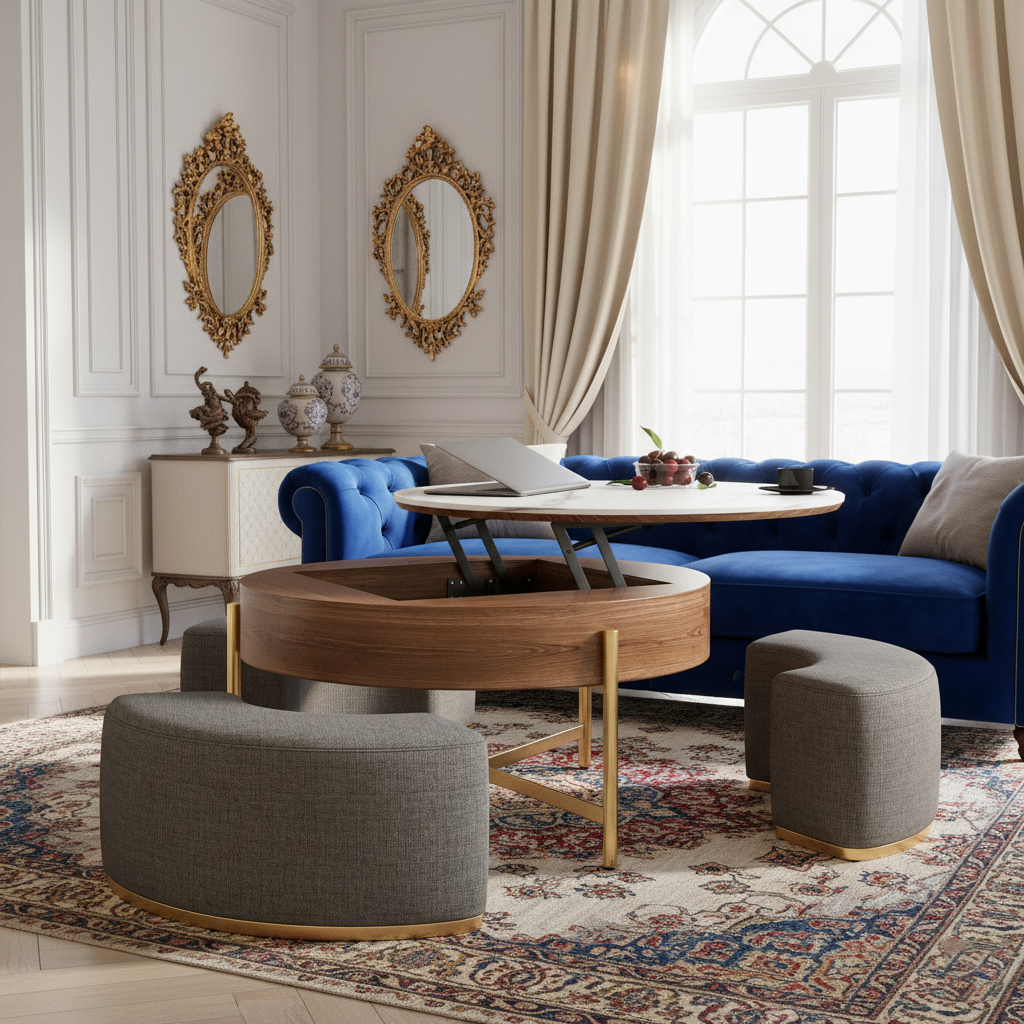 Lift Top Coffee Table with 3 Nesting Walnut Ottomans