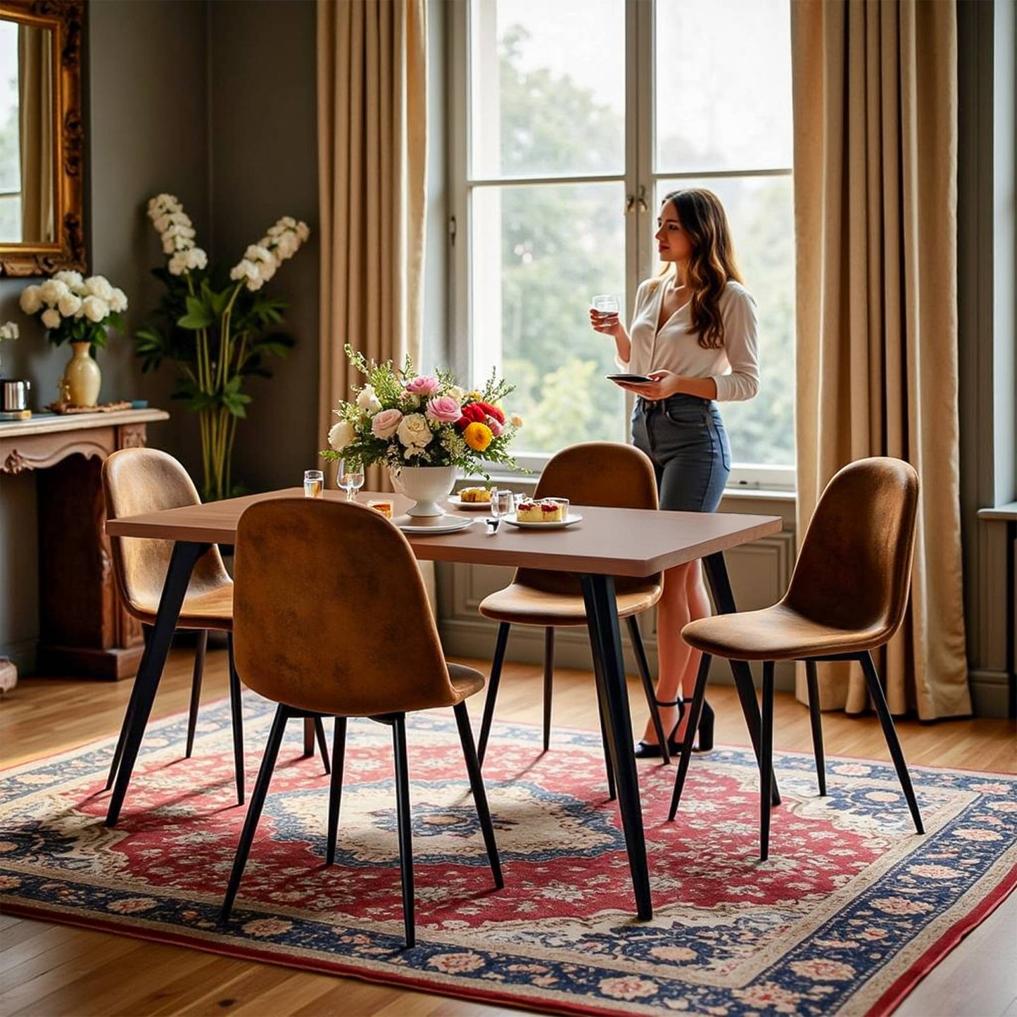 Distressed Brown Faux Suede Dining Chair Black Metal Legs