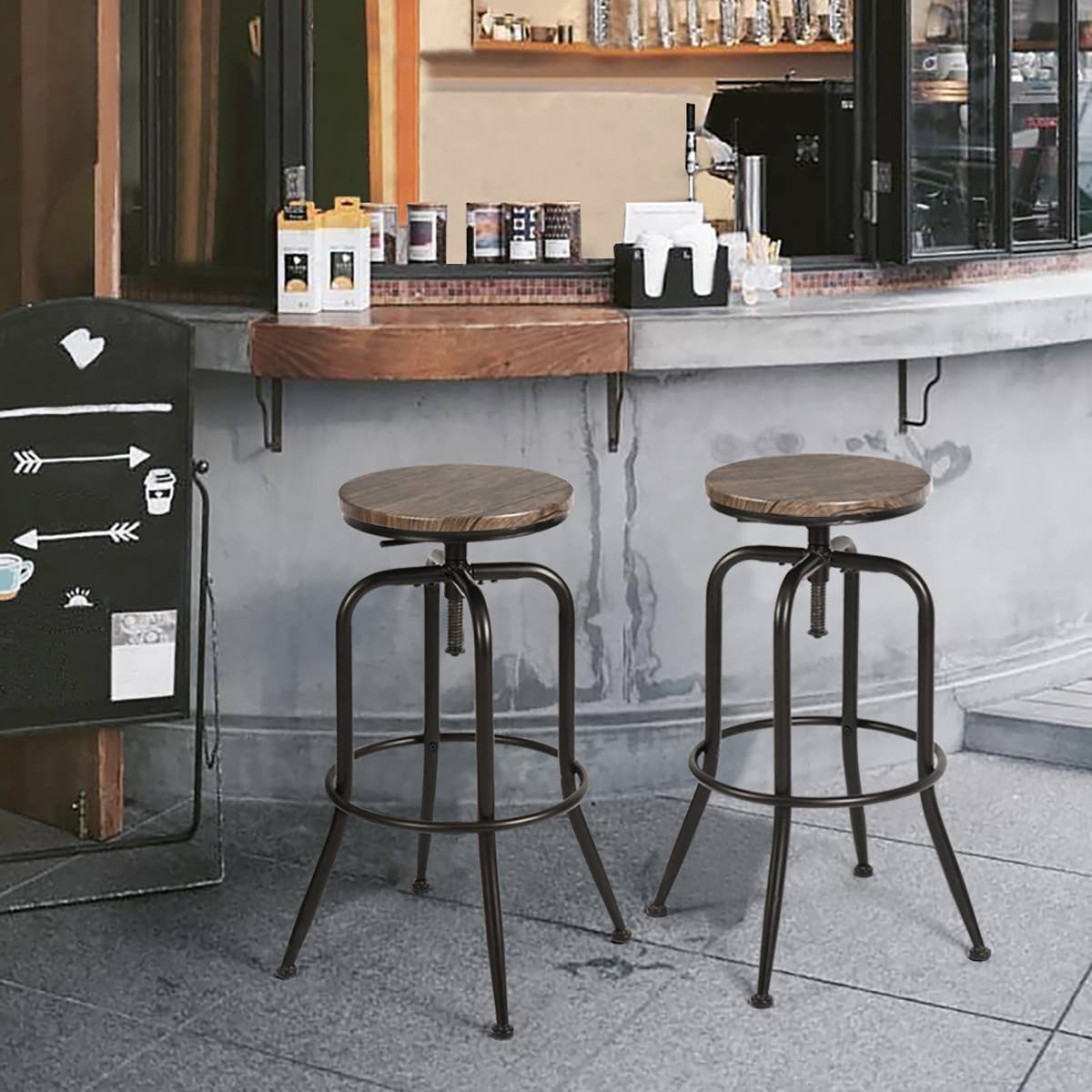 Industrial Height-Adjustable Barstool with Walnut Seat,2 Pcs