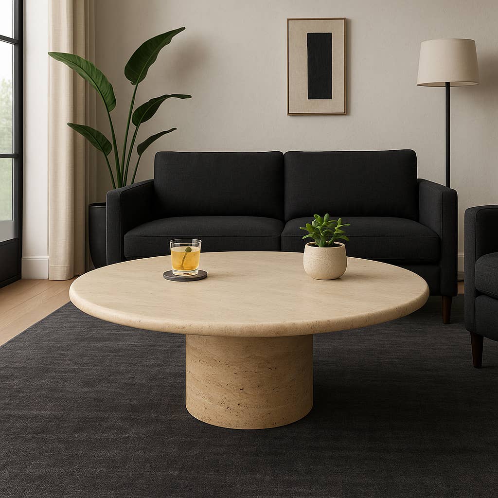 Stone Wood Modern Casual Round Coffee Table - Ivory, 16 in.